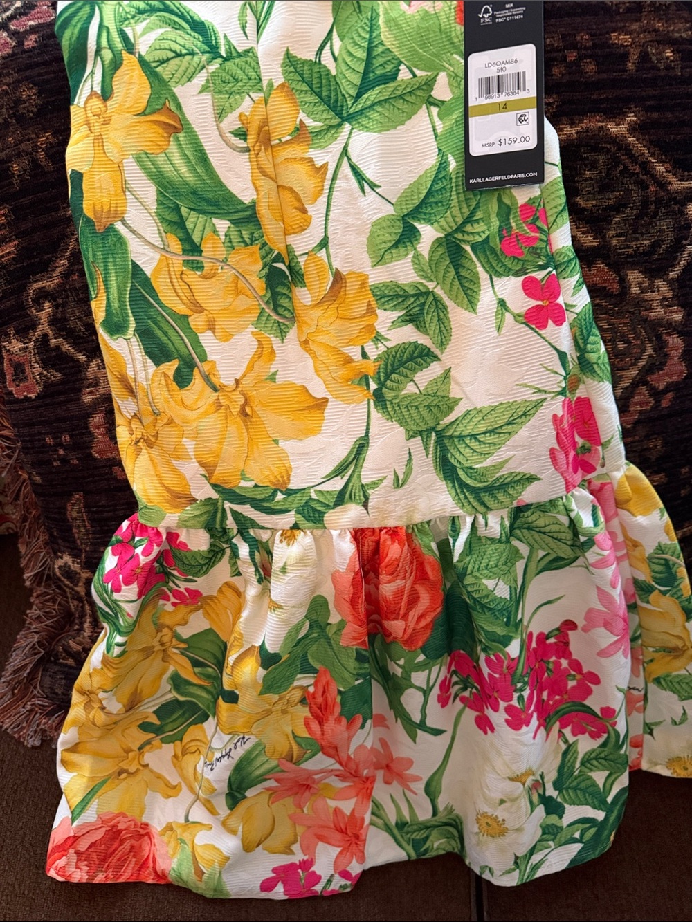 Karl Lagerfeld White Floral Tiered Dress with Green, Yellow & Coral Blooms